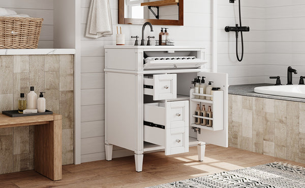 English Elm 24 Inch French Inspired Bathroom Vanity with Ceramic Sink Soft Close Drawers and Cabinet White N710P458431K