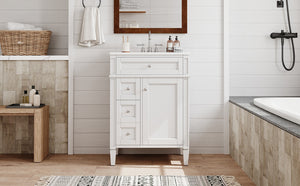 English Elm 24 Inch French Inspired Bathroom Vanity with Ceramic Sink Soft Close Drawers and Cabinet White N710P458431K