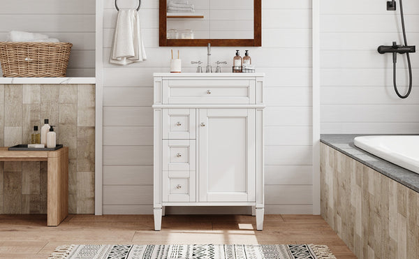 English Elm 24 Inch French Inspired Bathroom Vanity with Ceramic Sink Soft Close Drawers and Cabinet White N710P458431K