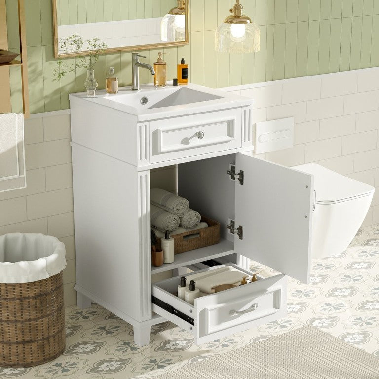 English Elm 20 Inch Retro Bathroom Vanity Solid Wood Frame Ceramic Sink Soft Close Storage Cabinet White N710P460679K