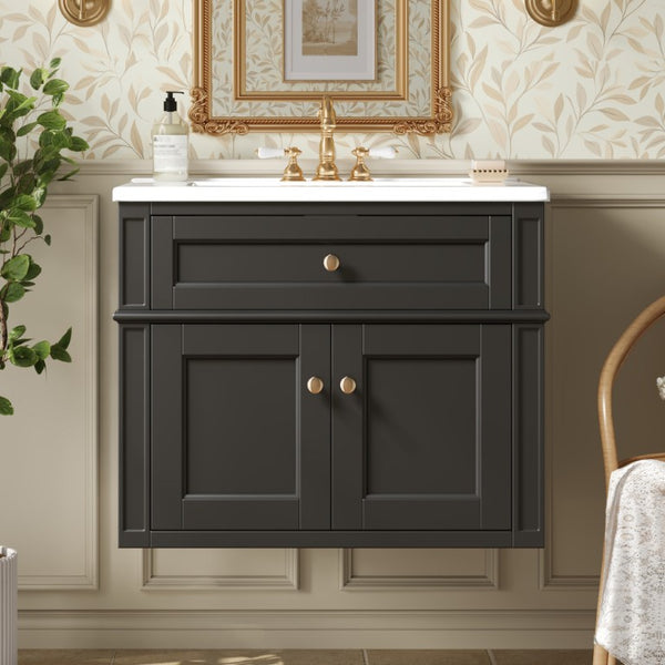 English Elm 24 Inch Wall Mounted Bathroom Vanity with Ceramic Sink Soft Close Doors Open Back Cabinet Black N710P460692B