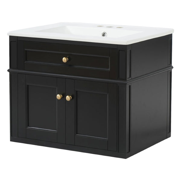 English Elm 24 Inch Wall Mounted Bathroom Vanity with Ceramic Sink Soft Close Doors Open Back Cabinet Black N710P460692B