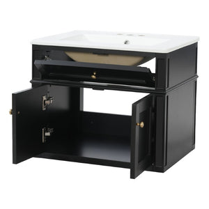 English Elm 24 Inch Wall Mounted Bathroom Vanity with Ceramic Sink Soft Close Doors Open Back Cabinet Black N710P460692B