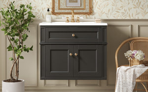 English Elm 24 Inch Wall Mounted Bathroom Vanity with Ceramic Sink Soft Close Doors Open Back Cabinet Black N710P460692B