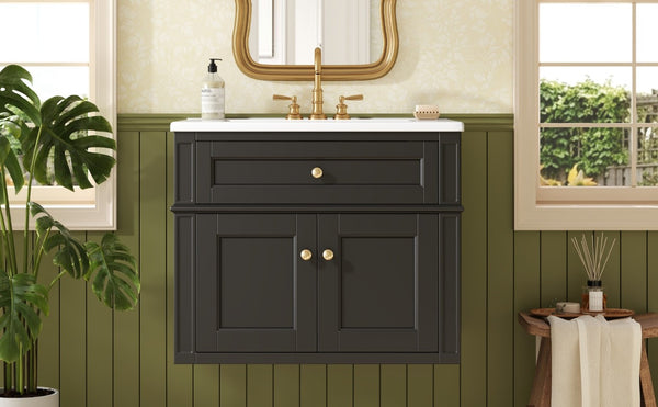 English Elm 24 Inch Wall Mounted Bathroom Vanity with Ceramic Sink Soft Close Doors Open Back Cabinet Black N710P460692B