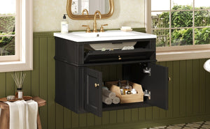 English Elm 24 Inch Wall Mounted Bathroom Vanity with Ceramic Sink Soft Close Doors Open Back Cabinet Black N710P460692B