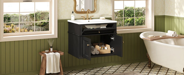 English Elm 24 Inch Wall Mounted Bathroom Vanity with Ceramic Sink Soft Close Doors Open Back Cabinet Black N710P460692B