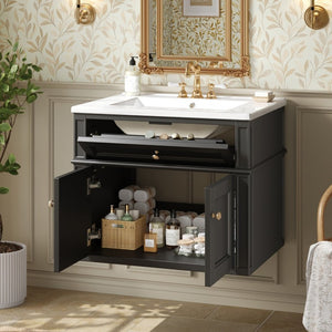 English Elm 24 Inch Wall Mounted Bathroom Vanity with Ceramic Sink Soft Close Doors Open Back Cabinet Black N710P460692B