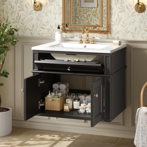 English Elm 24 Inch Wall Mounted Bathroom Vanity with Ceramic Sink Soft Close Doors Open Back Cabinet Black N710P460692B