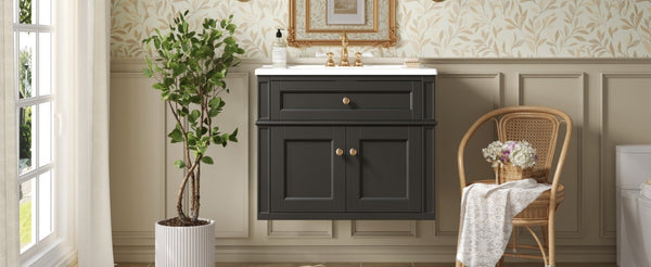 English Elm 24 Inch Wall Mounted Bathroom Vanity with Ceramic Sink Soft Close Doors Open Back Cabinet Black N710P460692B