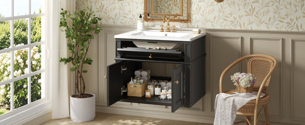 English Elm 24 Inch Wall Mounted Bathroom Vanity with Ceramic Sink Soft Close Doors Open Back Cabinet Black N710P460692B