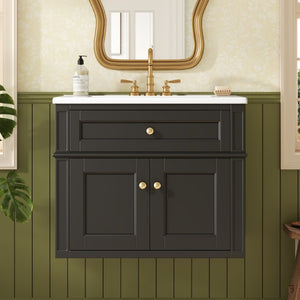 English Elm 24 Inch Wall Mounted Bathroom Vanity with Ceramic Sink Soft Close Doors Open Back Cabinet Black N710P460692B