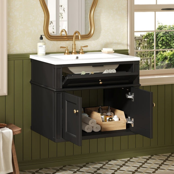 English Elm 24 Inch Wall Mounted Bathroom Vanity with Ceramic Sink Soft Close Doors Open Back Cabinet Black N710P460692B