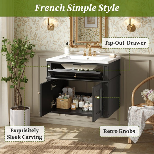 English Elm 24 Inch Wall Mounted Bathroom Vanity with Ceramic Sink Soft Close Doors Open Back Cabinet Black N710P460692B
