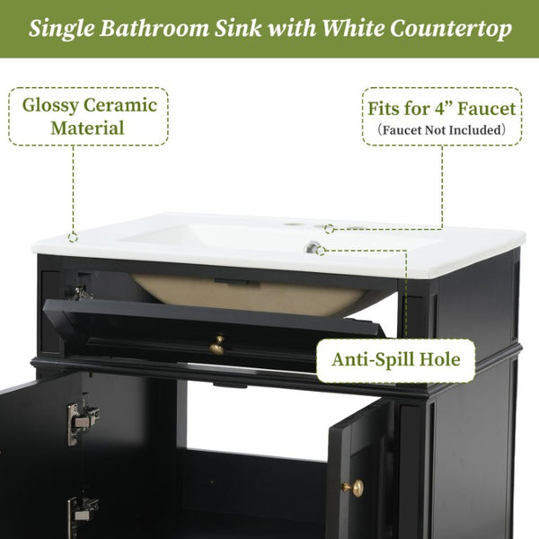 English Elm 24 Inch Wall Mounted Bathroom Vanity with Ceramic Sink Soft Close Doors Open Back Cabinet Black N710P460692B