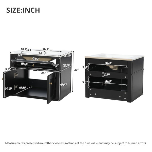English Elm 24 Inch Wall Mounted Bathroom Vanity with Ceramic Sink Soft Close Doors Open Back Cabinet Black N710P460692B