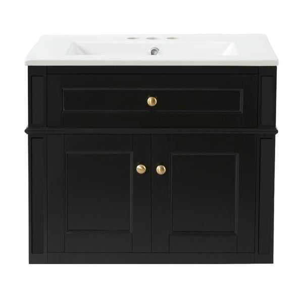 English Elm 24 Inch Wall Mounted Bathroom Vanity with Ceramic Sink Soft Close Doors Open Back Cabinet Black N710P460692B