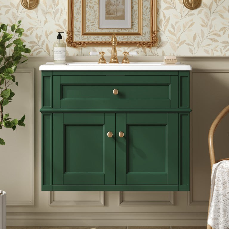English Elm 24 Inch Wall Mounted Bathroom Vanity Sage Green Cabinet with Ceramic Sink Soft Close N710P460692F