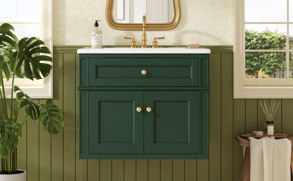English Elm 24 Inch Wall Mounted Bathroom Vanity Sage Green Cabinet with Ceramic Sink Soft Close N710P460692F