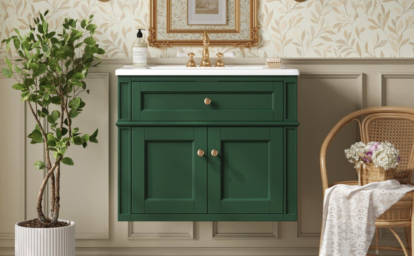English Elm 24 Inch Wall Mounted Bathroom Vanity Sage Green Cabinet with Ceramic Sink Soft Close N710P460692F