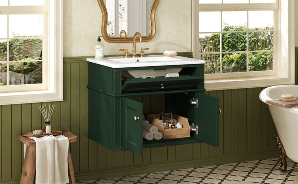 English Elm 24 Inch Wall Mounted Bathroom Vanity Sage Green Cabinet with Ceramic Sink Soft Close N710P460692F