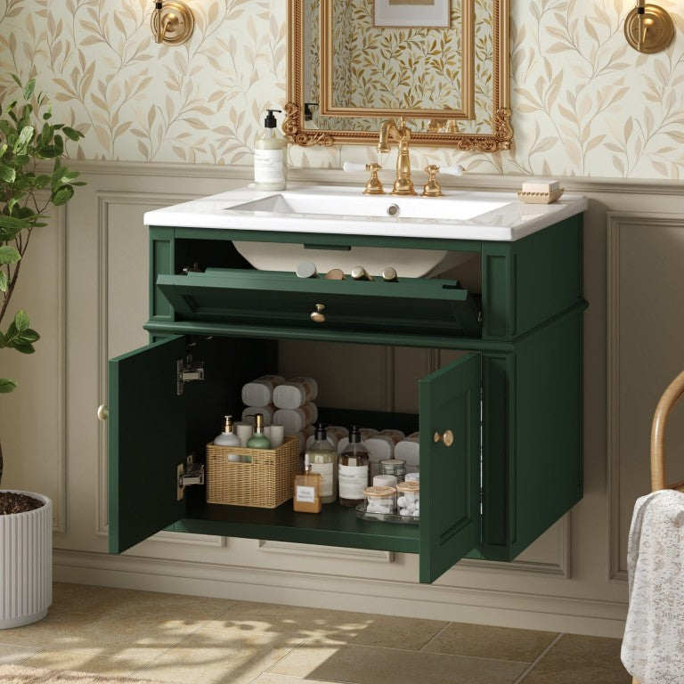 English Elm 24 Inch Wall Mounted Bathroom Vanity Sage Green Cabinet with Ceramic Sink Soft Close N710P460692F