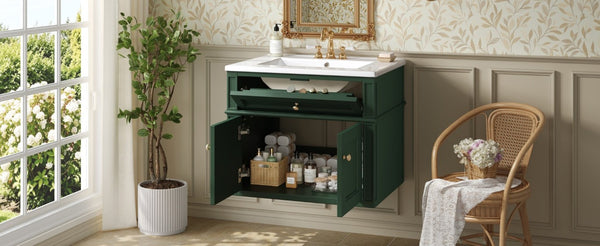 English Elm 24 Inch Wall Mounted Bathroom Vanity Sage Green Cabinet with Ceramic Sink Soft Close N710P460692F