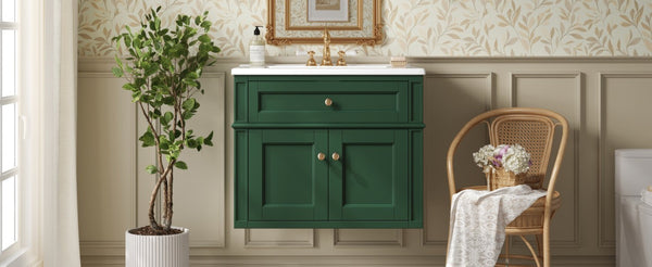 English Elm 24 Inch Wall Mounted Bathroom Vanity Sage Green Cabinet with Ceramic Sink Soft Close N710P460692F