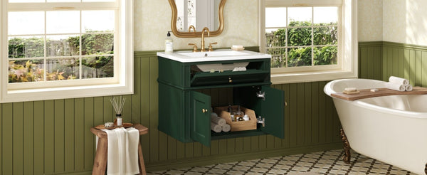 English Elm 24 Inch Wall Mounted Bathroom Vanity Sage Green Cabinet with Ceramic Sink Soft Close N710P460692F