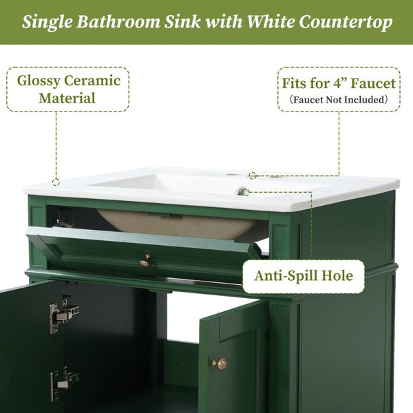 English Elm 24 Inch Wall Mounted Bathroom Vanity Sage Green Cabinet with Ceramic Sink Soft Close N710P460692F