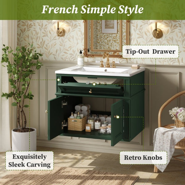 English Elm 24 Inch Wall Mounted Bathroom Vanity Sage Green Cabinet with Ceramic Sink Soft Close N710P460692F