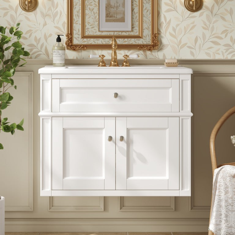 English Elm 24 Inch Wall Mounted Bathroom Vanity with Ceramic Sink Soft Close Doors Open Back Cabinet White N710P460692K