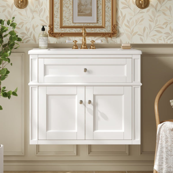 English Elm 24 Inch Wall Mounted Bathroom Vanity with Ceramic Sink Soft Close Doors Open Back Cabinet White N710P460692K
