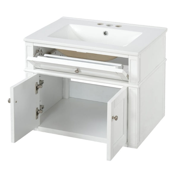English Elm 24 Inch Wall Mounted Bathroom Vanity with Ceramic Sink Soft Close Doors Open Back Cabinet White N710P460692K