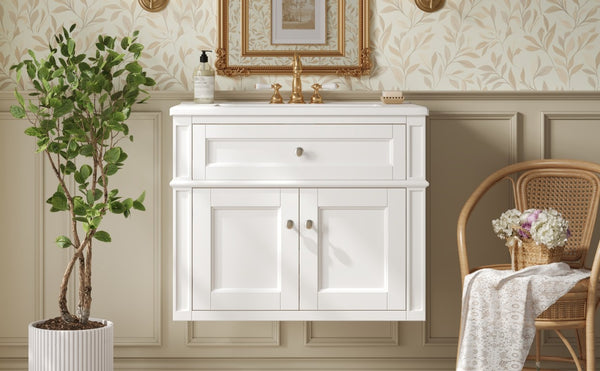 English Elm 24 Inch Wall Mounted Bathroom Vanity with Ceramic Sink Soft Close Doors Open Back Cabinet White N710P460692K