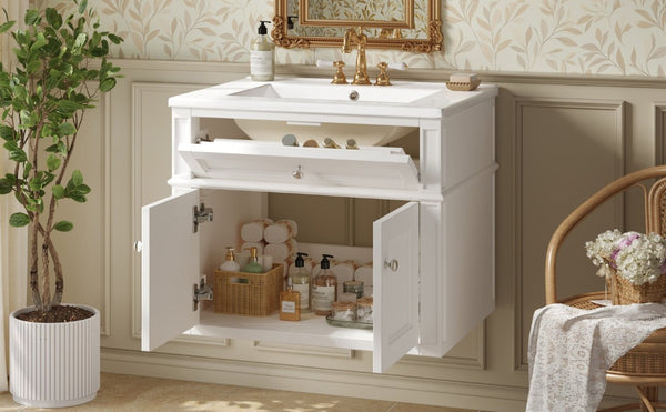English Elm 24 Inch Wall Mounted Bathroom Vanity with Ceramic Sink Soft Close Doors Open Back Cabinet White N710P460692K