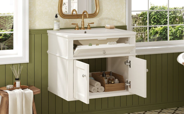 English Elm 24 Inch Wall Mounted Bathroom Vanity with Ceramic Sink Soft Close Doors Open Back Cabinet White N710P460692K