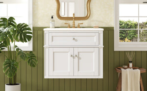 English Elm 24 Inch Wall Mounted Bathroom Vanity with Ceramic Sink Soft Close Doors Open Back Cabinet White N710P460692K