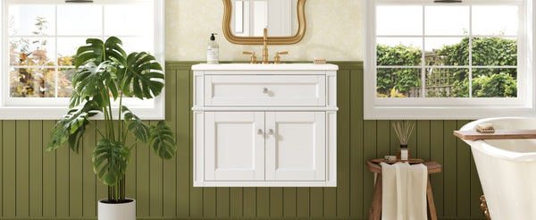 English Elm 24 Inch Wall Mounted Bathroom Vanity with Ceramic Sink Soft Close Doors Open Back Cabinet White N710P460692K