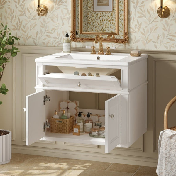 English Elm 24 Inch Wall Mounted Bathroom Vanity with Ceramic Sink Soft Close Doors Open Back Cabinet White N710P460692K