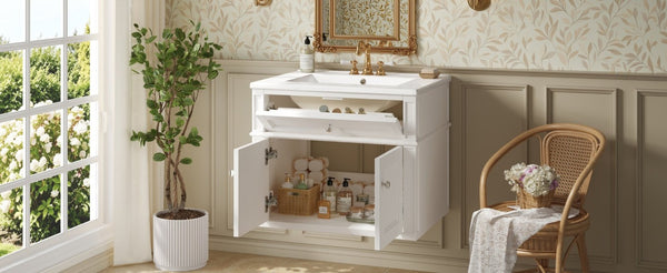 English Elm 24 Inch Wall Mounted Bathroom Vanity with Ceramic Sink Soft Close Doors Open Back Cabinet White N710P460692K