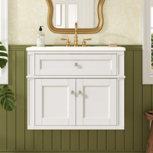 English Elm 24 Inch Wall Mounted Bathroom Vanity with Ceramic Sink Soft Close Doors Open Back Cabinet White N710P460692K