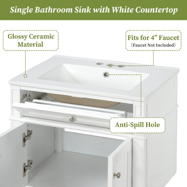 English Elm 24 Inch Wall Mounted Bathroom Vanity with Ceramic Sink Soft Close Doors Open Back Cabinet White N710P460692K