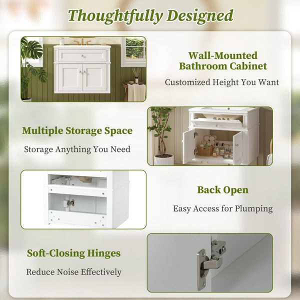 English Elm 24 Inch Wall Mounted Bathroom Vanity with Ceramic Sink Soft Close Doors Open Back Cabinet White N710P460692K
