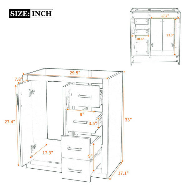 English Elm 30'' Solid Poplar Freestanding Bathroom Vanity with Three Drawers and Soft Close Cabinet Black Style A N710P460709B