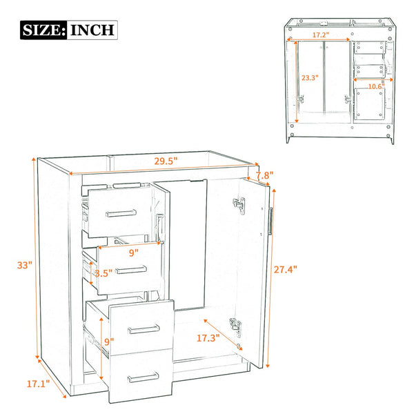 English Elm 30'' Solid Poplar Freestanding Bathroom Vanity with Three Drawers and Soft Close Cabinet Black Style B N710P460714B