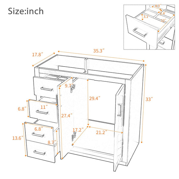 English Elm 36 Inch Freestanding Bathroom Vanity Solid Poplar Cabinet with Diamond Groove Soft Close Doors Black N710P460730B
