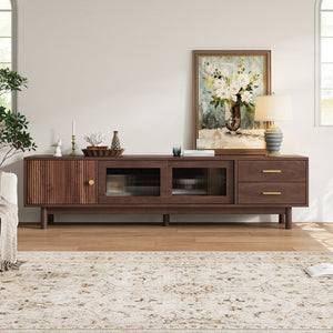 English Elm 70 Inch Mid Century Media Console with Wave Glass Doors Pine Legs and Two Drawers N710P461254P