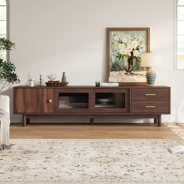 English Elm 70 Inch Mid Century Media Console with Wave Glass Doors Pine Legs and Two Drawers N710P461254P