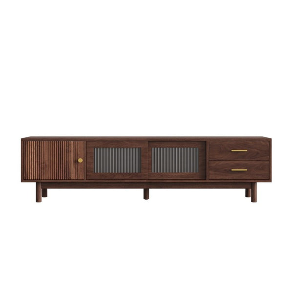 English Elm 70 Inch Mid Century Media Console with Wave Glass Doors Pine Legs and Two Drawers N710P461254P